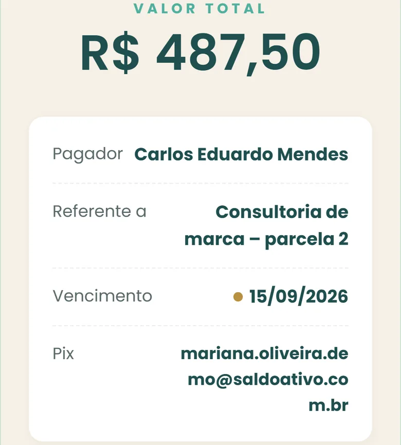 Lembrete de pagamento com valor, pagador, vencimento e Pix
