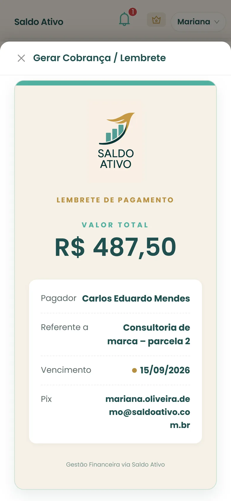 Lembrete de pagamento gerado pelo Saldo Ativo: valor total, pagador, referência, vencimento e chave Pix