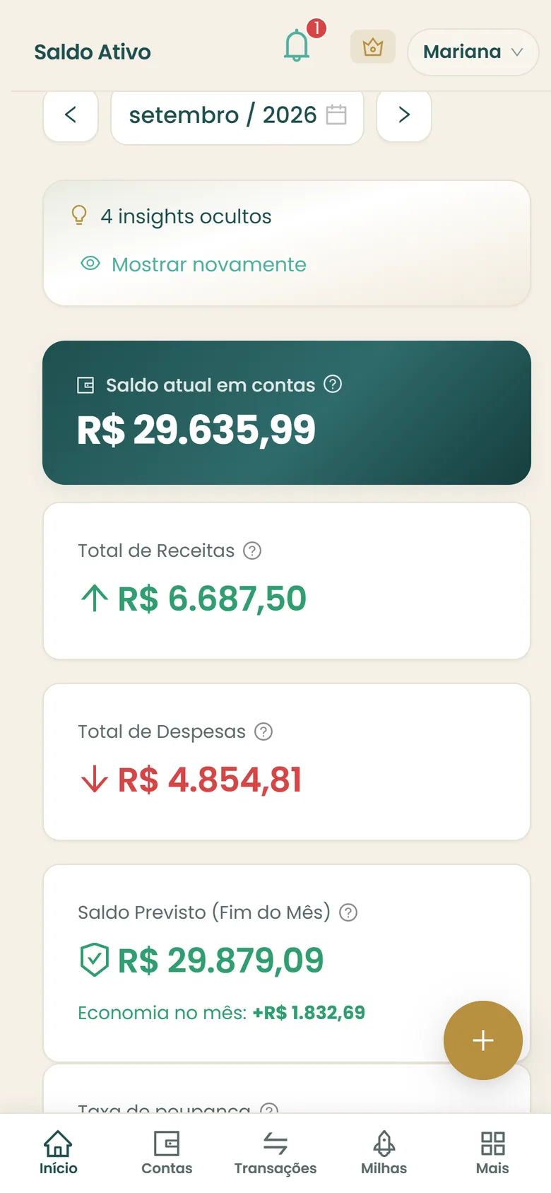 Tela Meu Desempenho no celular: saldo atual em contas, receitas, despesas e saldo previsto para o fim do mês