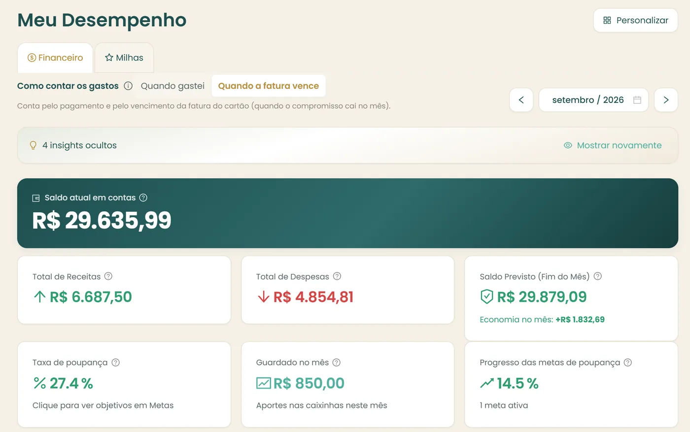 Tela Meu Desempenho do Saldo Ativo no computador: saldo atual em contas, total de receitas e despesas, saldo previsto para o fim do mês e economia no mês