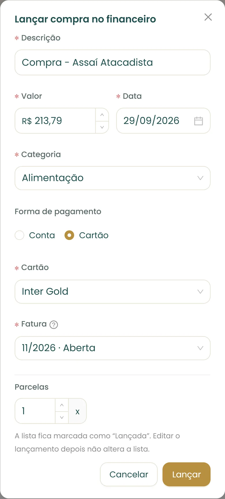 Janela Lançar compra no financeiro: descrição, valor, data, categoria, forma de pagamento, cartão, fatura e parcelas