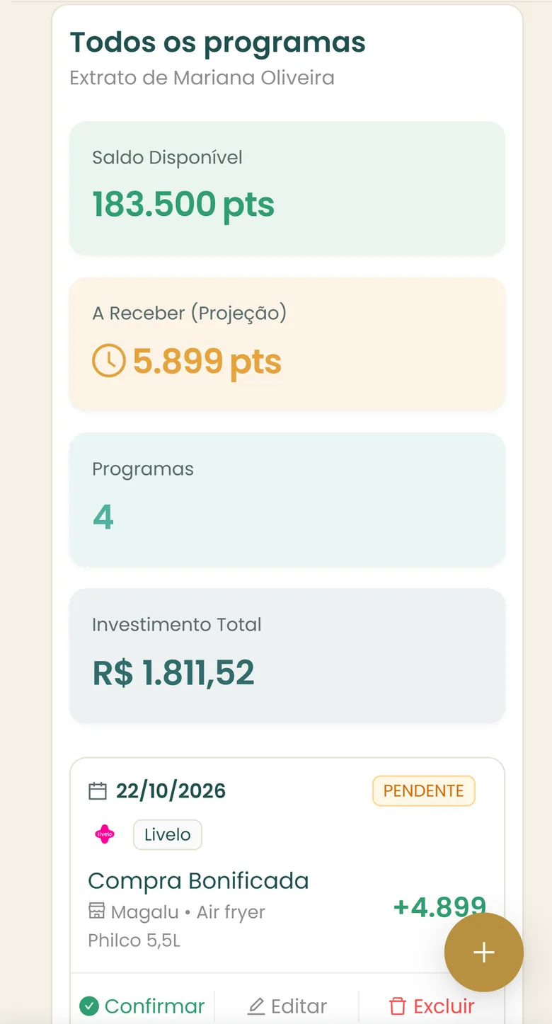 Extrato de milhas: saldo disponível, pontos a receber e investimento total