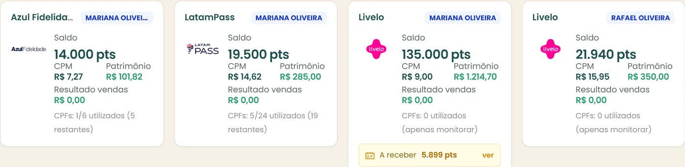 Cartões por programa e portador: saldo em pontos, CPM, patrimônio e CPFs utilizados de cada um