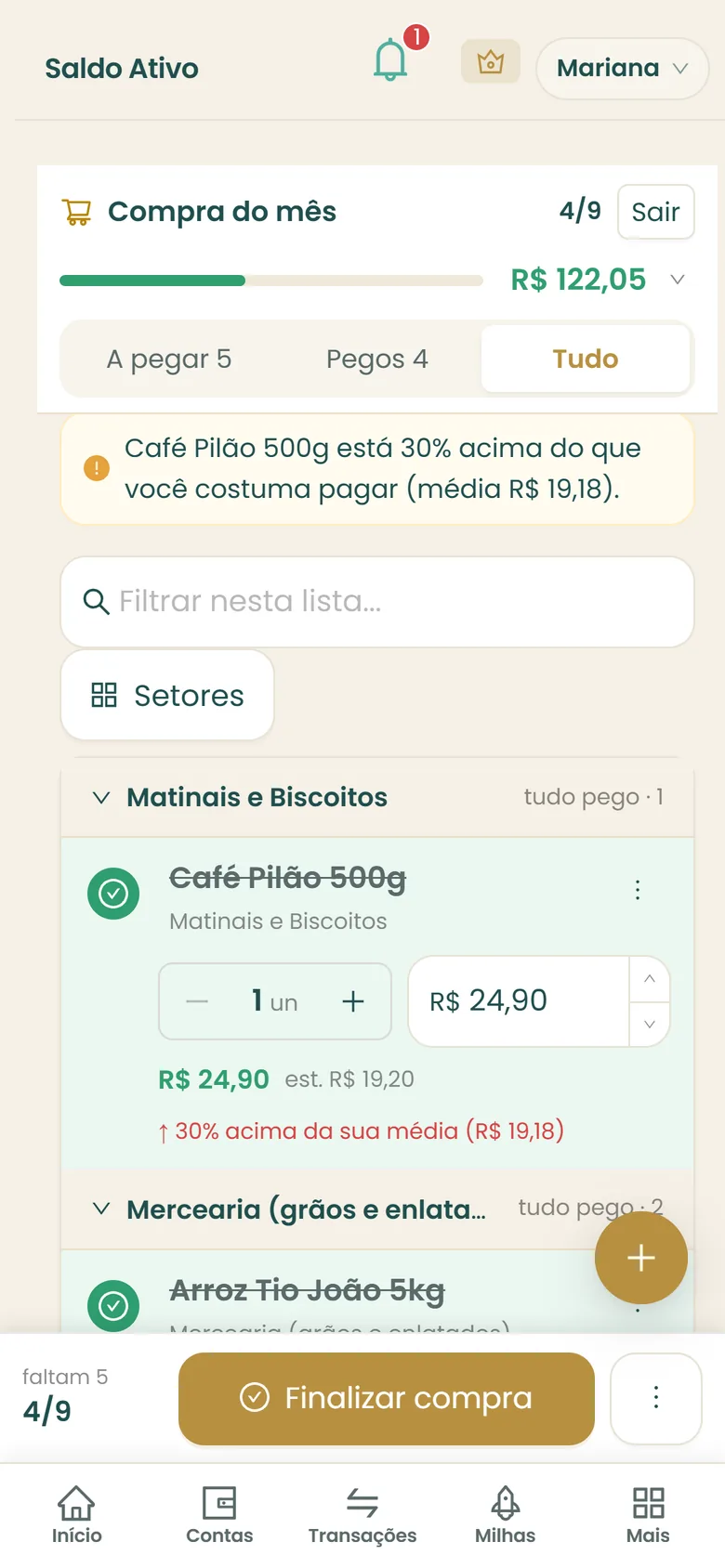 Modo compra da lista de mercado com o alerta de preço acima da média