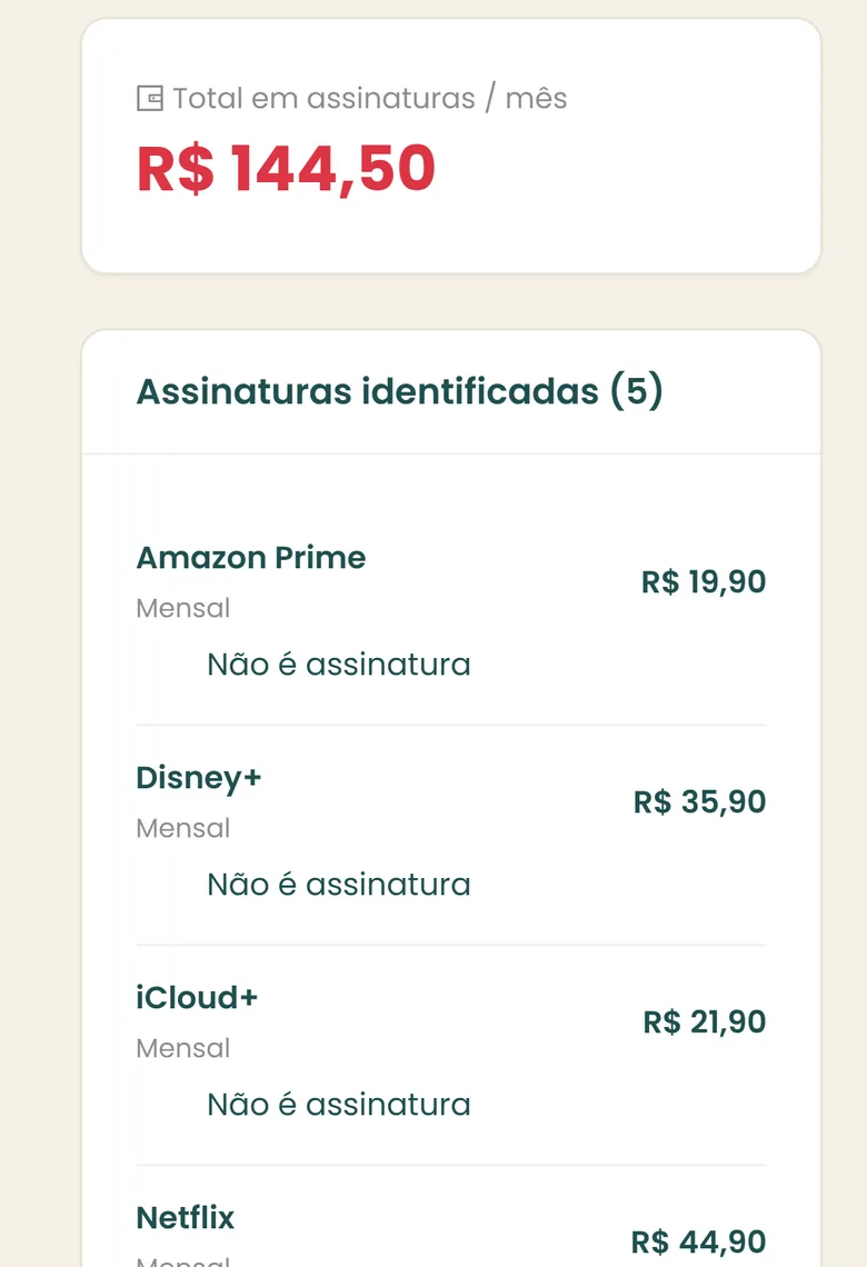 Raio-X de Assinaturas com o total mensal em assinaturas e a lista de assinaturas identificadas