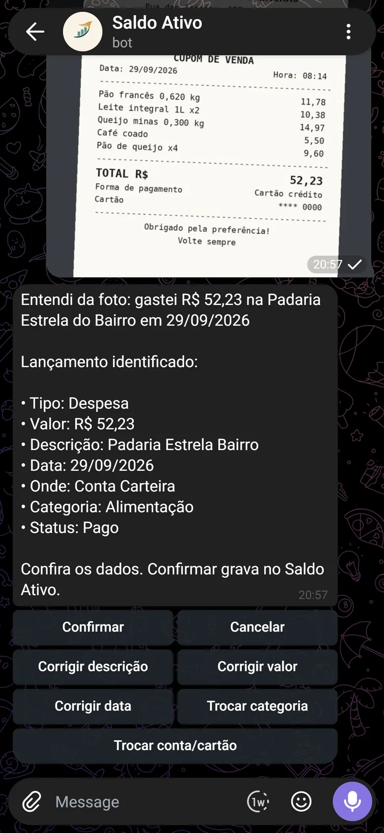 Foto de um cupom enviada ao bot e a resposta com valor, estabelecimento, data e categoria identificados