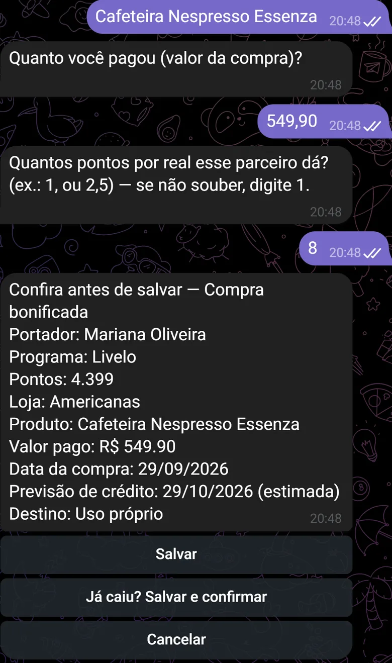 Fluxo /milhas no Telegram registrando uma compra bonificada com previsão de crédito estimada
