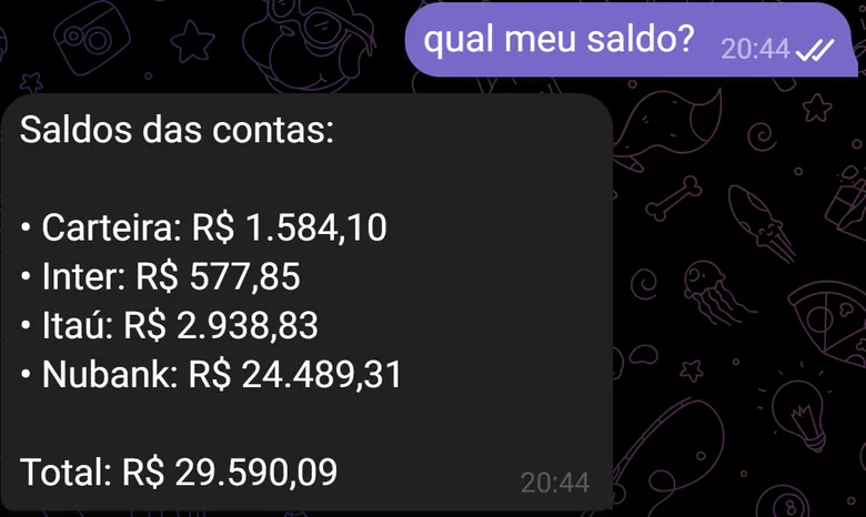 Pergunta qual meu saldo? no Telegram e a resposta com o saldo de cada conta